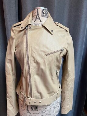 New Barneys New York Cream/Beige Leather Moto Jacket
